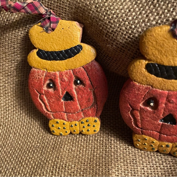 Halloween Set of 2 Ornaments  “pumpkin Jack-o-Lantern in Top Hat and Bow Tie !!! - Picture 2 of 7